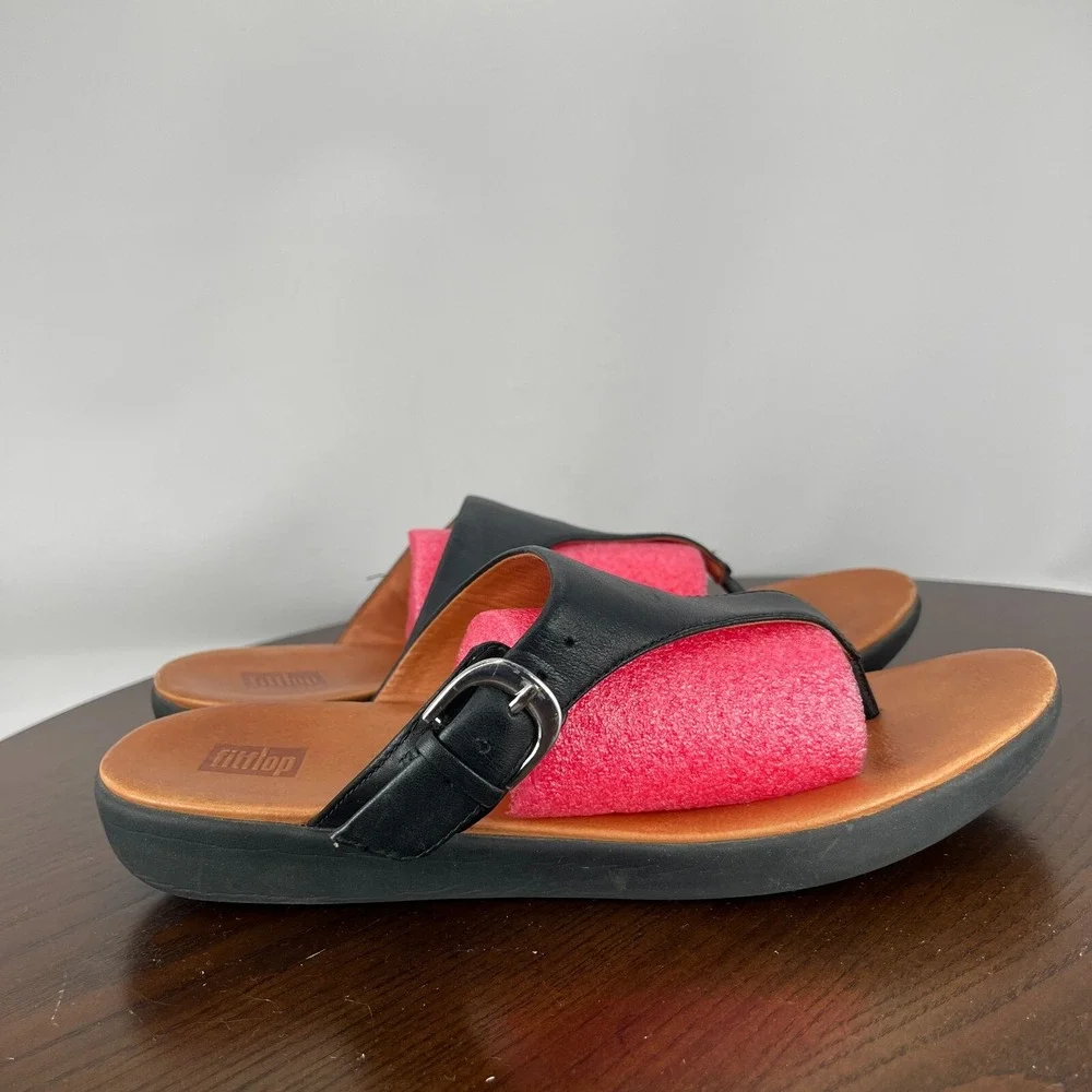 Fitflop Banda Sandal Women's 9 Black Leather Comfort Thong Flip Flop M20-001‎